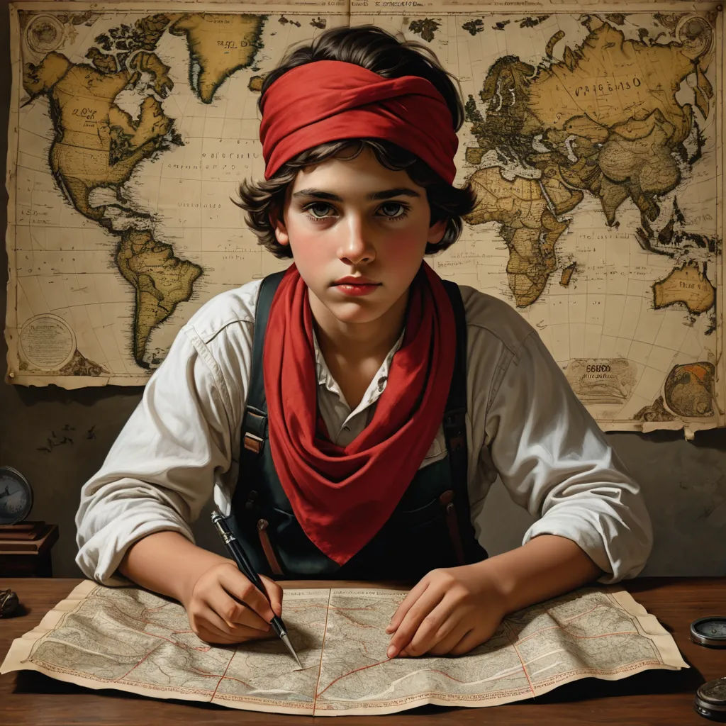 a boy in a pirate costume is writing on a map with a compass in his hand and a red bandana on his head, hyperrealism, a hyperrealistic painting, Brad Kunkle, extremely detailed oil painting