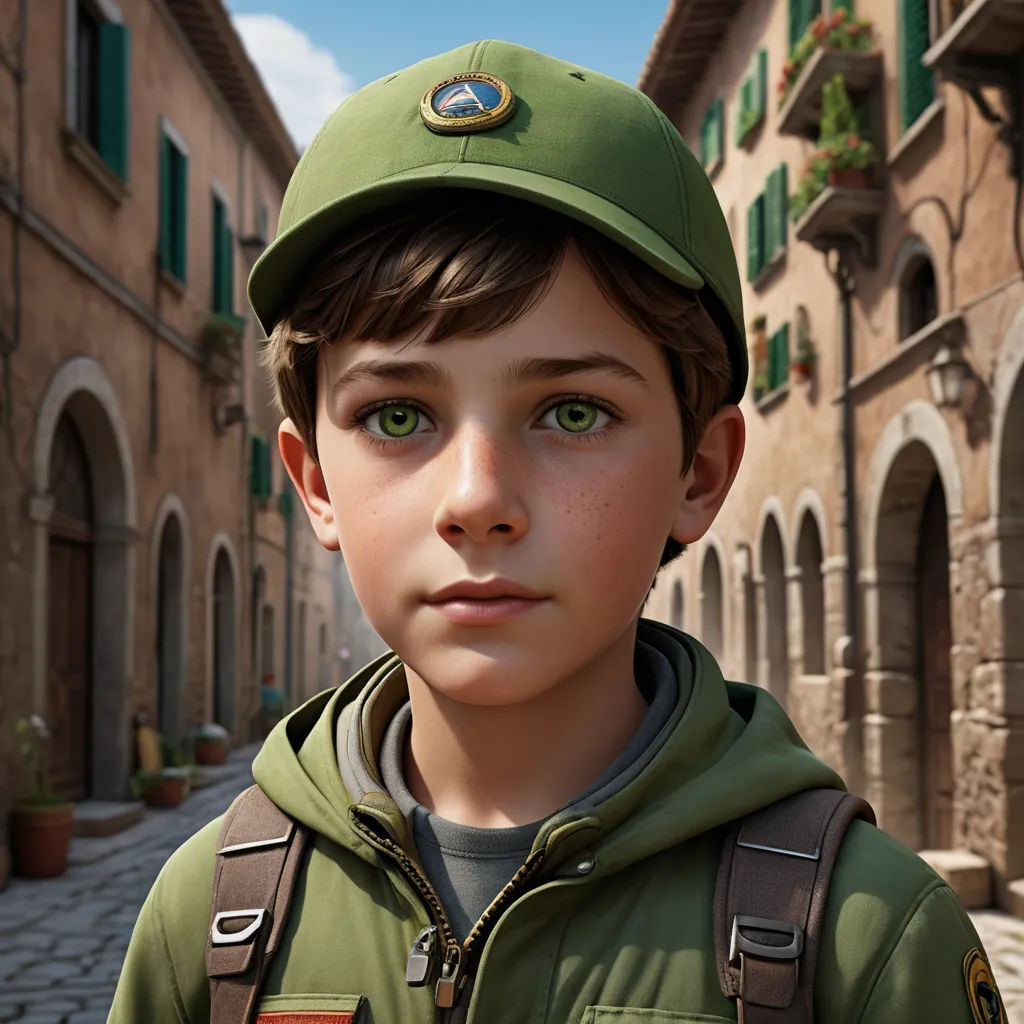 a boy in a green jacket and hat standing in a street with a building in the background and a cobblestone street, photorealism, a character portrait, Diego Gisbert Llorens, unreal engine 5 highly rendered