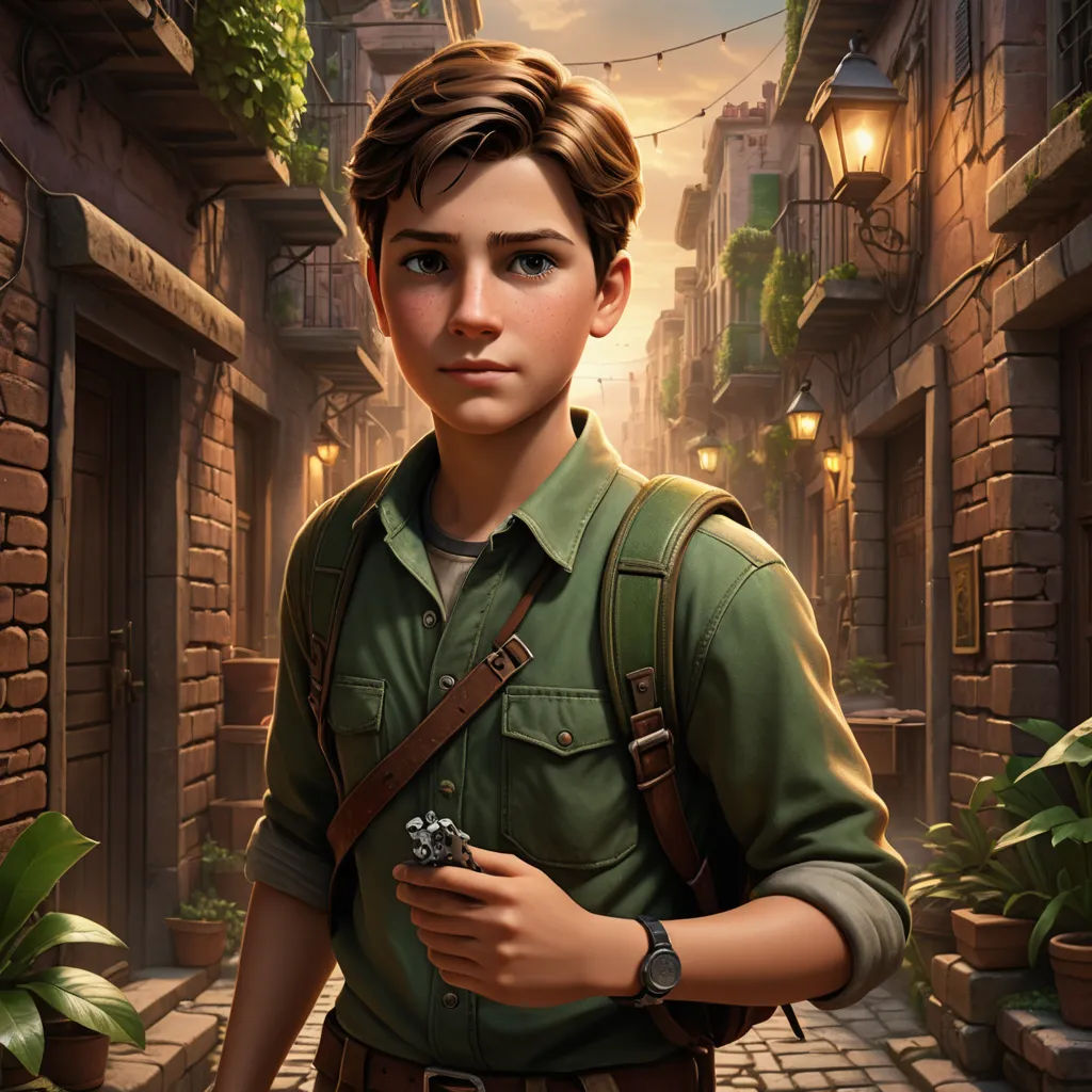 a boy in a green shirt and a green shirt holding a camera in a street with a building and a string of lights, sots art, a character portrait, Cliff Childs, key art