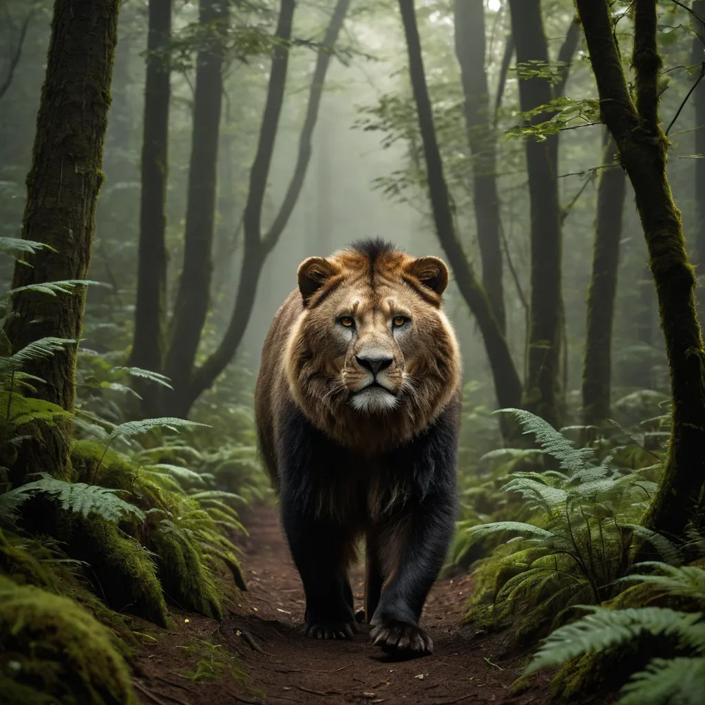 a lion walking through a forest filled with trees and ferns on a path with a light shining on it, naturalism, a photorealistic painting, Chris LaBrooy, wildlife photography