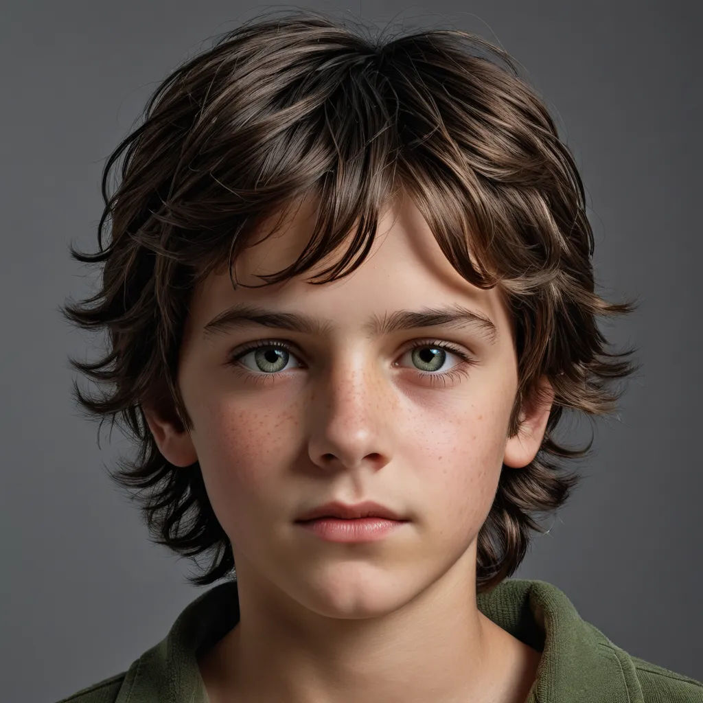 a young boy with a green shirt and a green shirt on is looking at the camera with a serious look on his face, hyperrealism, a photorealistic painting, Daniel Lieske, photorealistic portrait