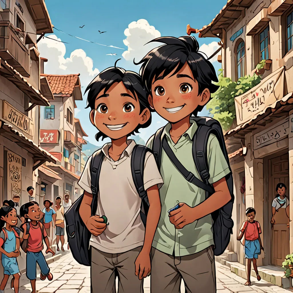 two children standing in front of a crowd of people on a street with buildings and a kite flying overhead, samikshavad, a comic book panel, Brothers Hildebrandt, official art