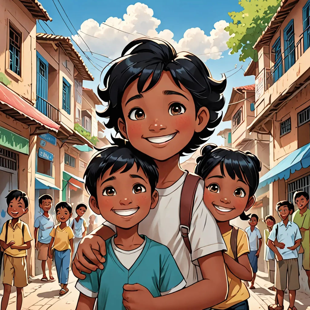 a boy and girl hugging in a crowded street with a crowd of people in the background in a cartoon, samikshavad, a storybook illustration, Diego Gisbert Llorens, official art