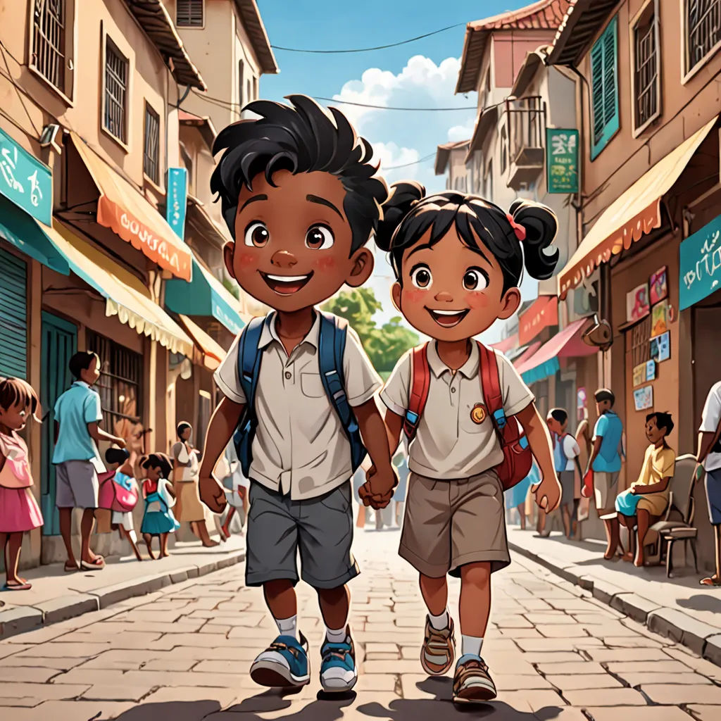 a couple of kids walking down a street next to each other on a sidewalk with people walking by them, samikshavad, a storybook illustration, Chris LaBrooy, official art
