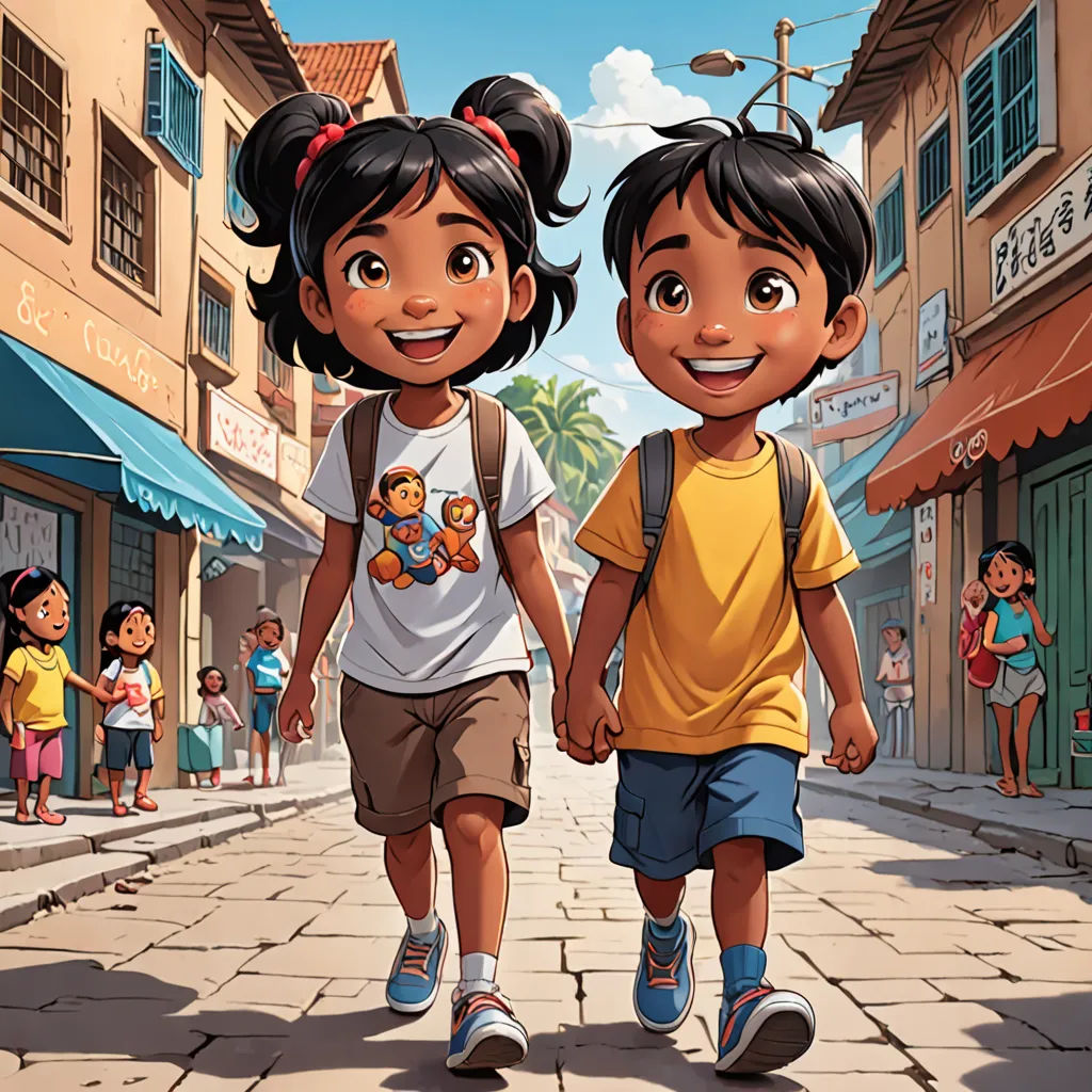a couple of kids walking down a street holding hands and smiling at the camera with a crowd of people behind them, samikshavad, a storybook illustration, Drew Struzan, official art