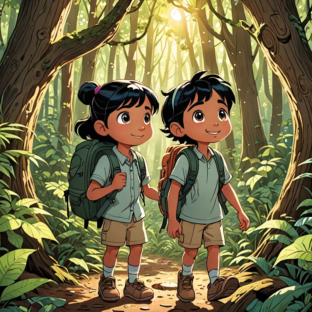 two children are standing in the woods with backpacks on their backs and one is looking at the camera, samikshavad, a storybook illustration, Diego Gisbert Llorens, official art