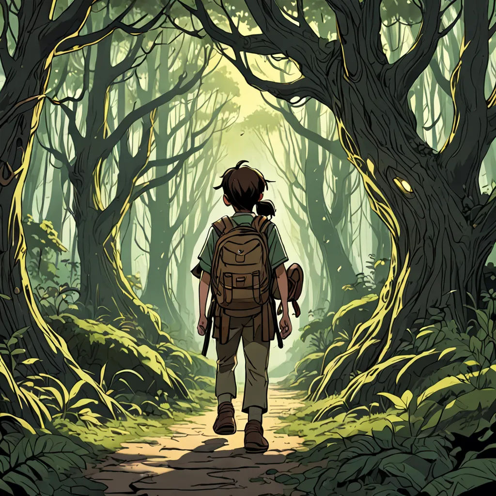 a man walking through a forest with a backpack on his back and a backpack on his shoulder, in front of a path, environmental art, a storybook illustration, Asaf Hanuka, rossdraws global illumination
