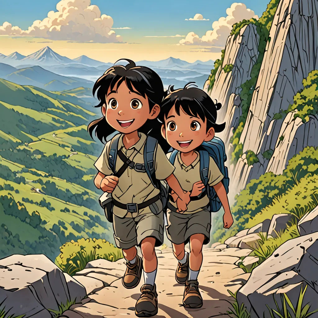 two children walking up a trail in the mountains with backpacks on their backs and a mountain in the background, dau-al-set, poster art, Brothers Hildebrandt, official art