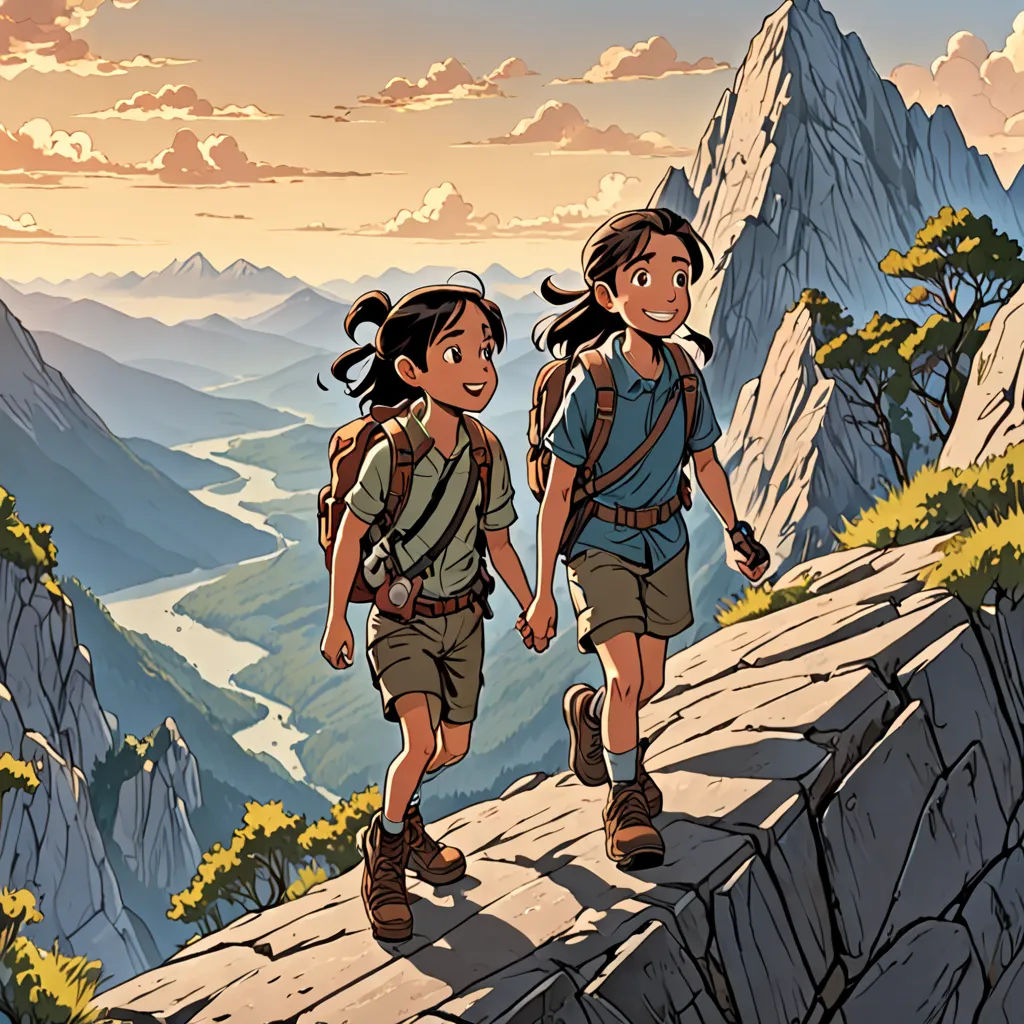 two children walking up a mountain with backpacks on their backs and a backpack on their back, with a view of mountains in the background, lyco art, poster art, Brothers Hildebrandt, official art