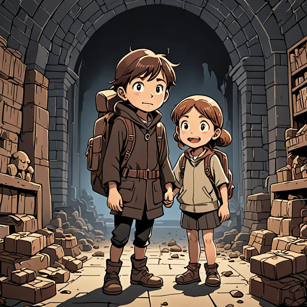 a boy and a girl standing in a tunnel with books on the floor and a book shelf in the background, underground comix, poster art, Akihiko Yoshida, official art