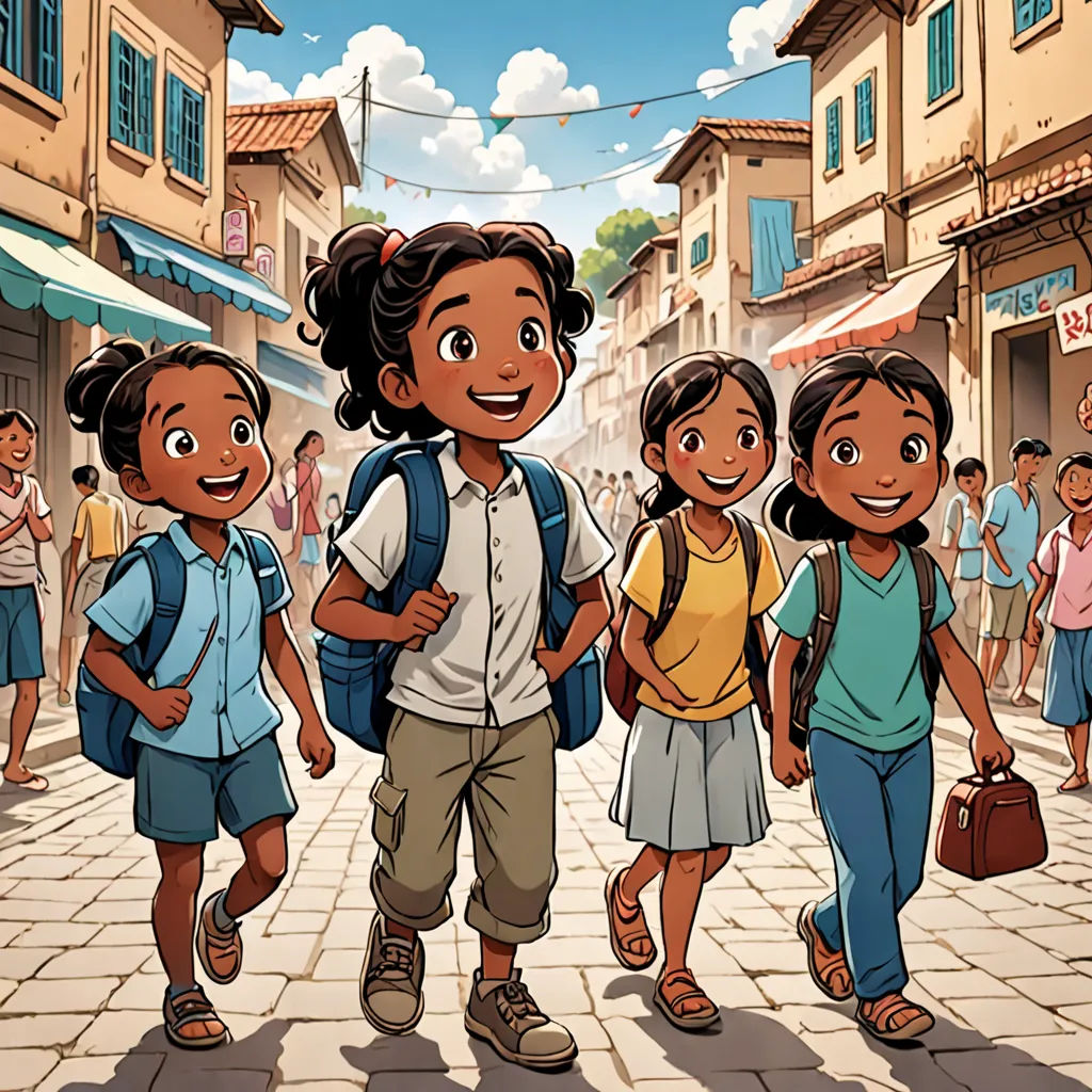 a group of children walking down a street next to a building with a sign that says, the little ones are going to school, hurufiyya, a poster, Asaf Hanuka, official art