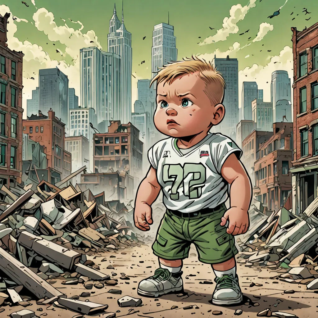 a cartoon of a baby standing in a destroyed city street with a city skyline in the background and debris everywhere, american realism, a comic book panel, Anthony Palumbo, comic cover art