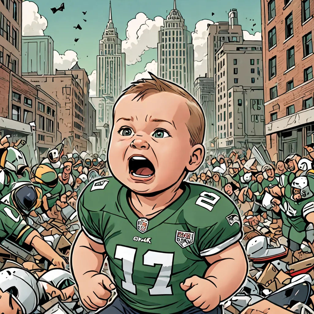 a cartoon of a baby crying in a football game with a crowd of people behind him and a building in the background, process art, a comic book panel, Chip Zdarsky, comic cover art