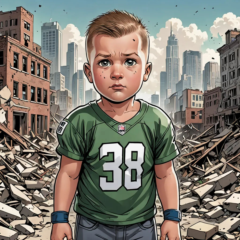 a cartoon of a boy in a football jersey standing in a destroyed city with a cityscape in the background, american realism, a comic book panel, Asaf Hanuka, comic cover art