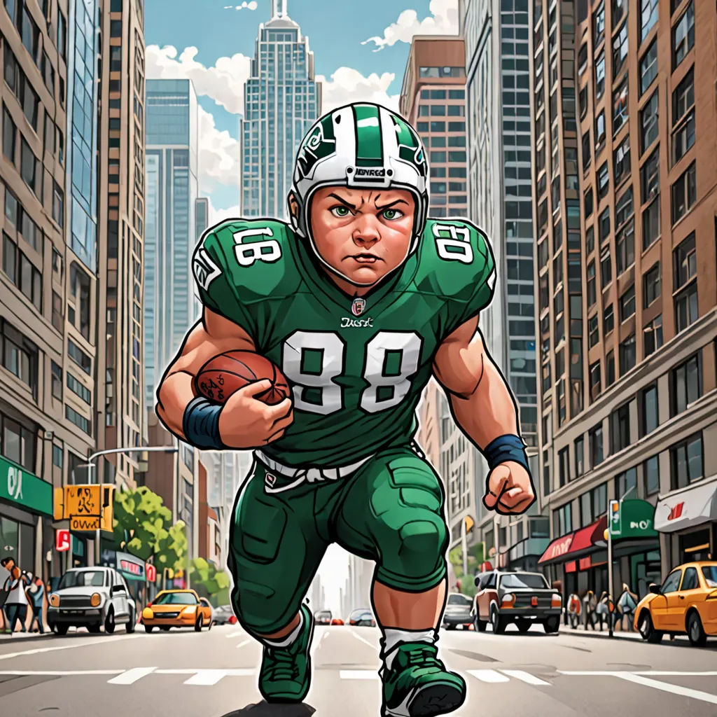 a cartoon of a football player running down the street in a city with tall buildings in the background and a cityscape in the foreground, american scene painting, a comic book panel, Art Fitzpatrick, comic cover art