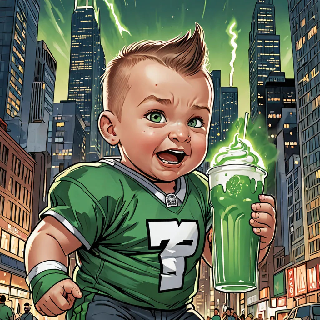 a cartoon of a baby holding a green drink in a city street with lightning in the background and a green cup in his hand, process art, a comic book panel, Anthony Palumbo, comic cover art