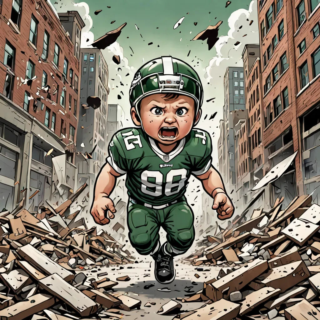 a cartoon of a football player running through a rubble filled street with buildings in the background and debris everywhere, process art, a comic book panel, Anthony Palumbo, comic cover art