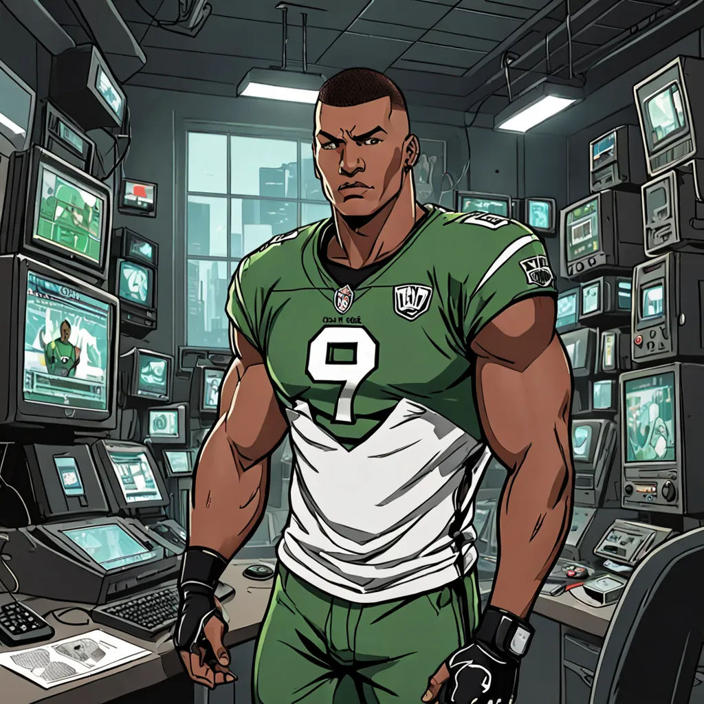 a cartoon of a football player in a room full of monitors and monitors on the wall and a computer desk, superflat, a comic book panel, Everett Warner, official art