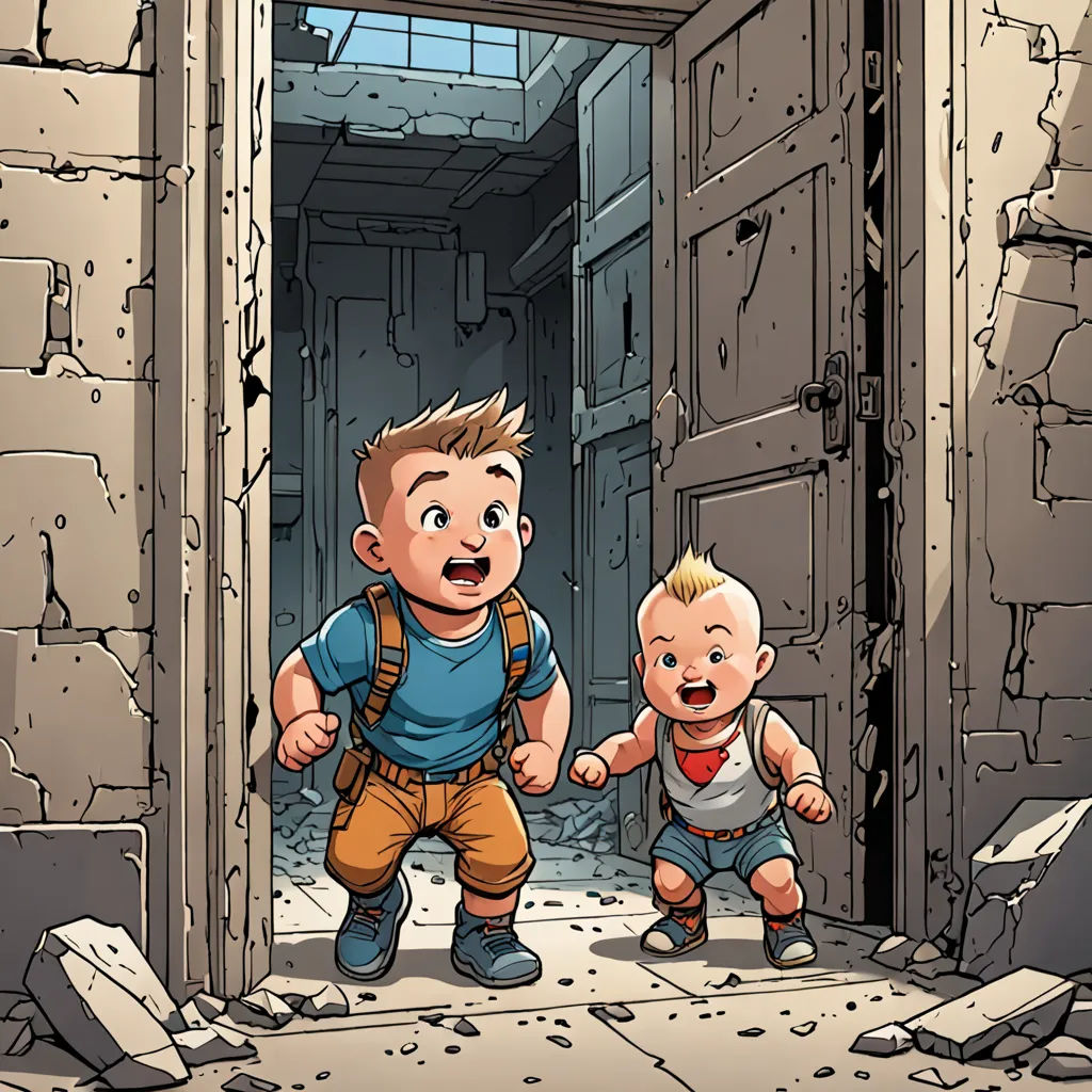a little boy and a baby walking through a doorway to a building with a broken door and a broken door, underground comix, a comic book panel, Diego Gisbert Llorens, comic cover art