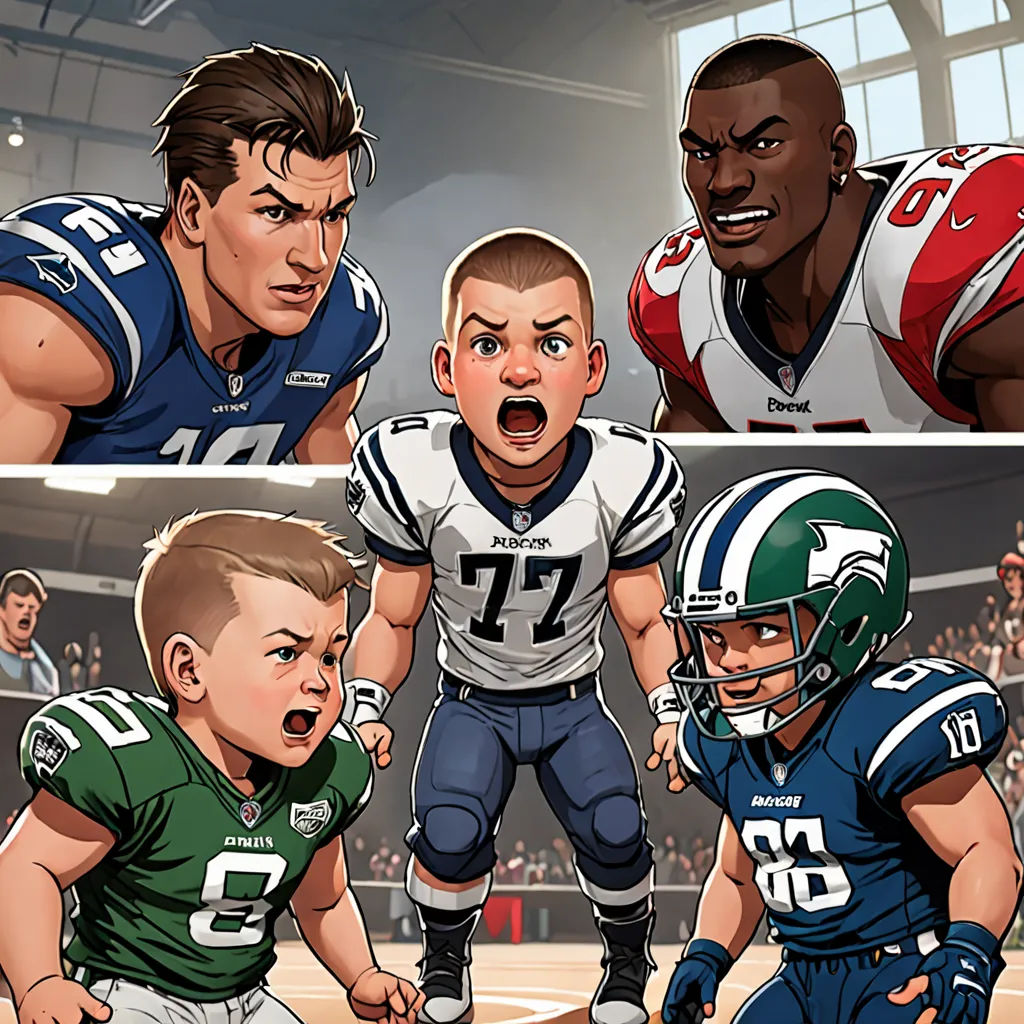 a cartoon of a football player and a kid in a stadium with a football player on the sidelines, realism, a comic book panel, F Scott Hess, comic cover art