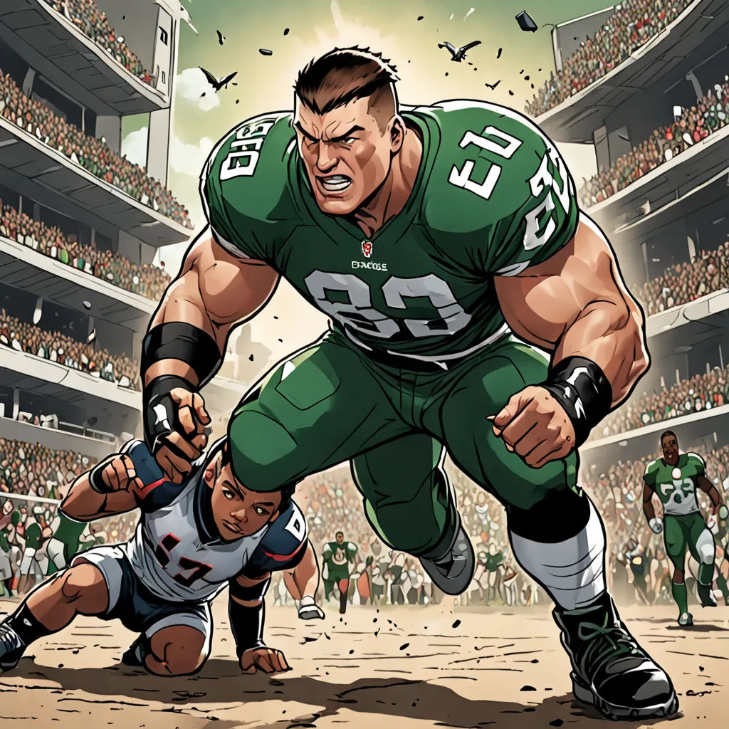 a cartoon of a football player and a football player in a stadium with a crowd of people watching him, process art, a comic book panel, Chris LaBrooy, comic cover art