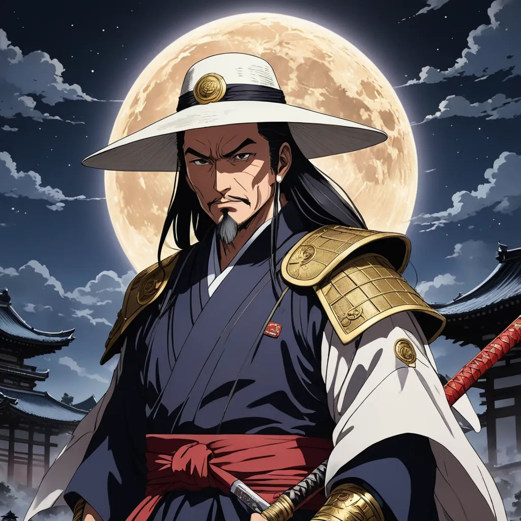a man in a hat and a robe holding a sword in front of a full moon and clouds in the sky, dau-al-set, a character portrait, Baiōken Eishun, official art
