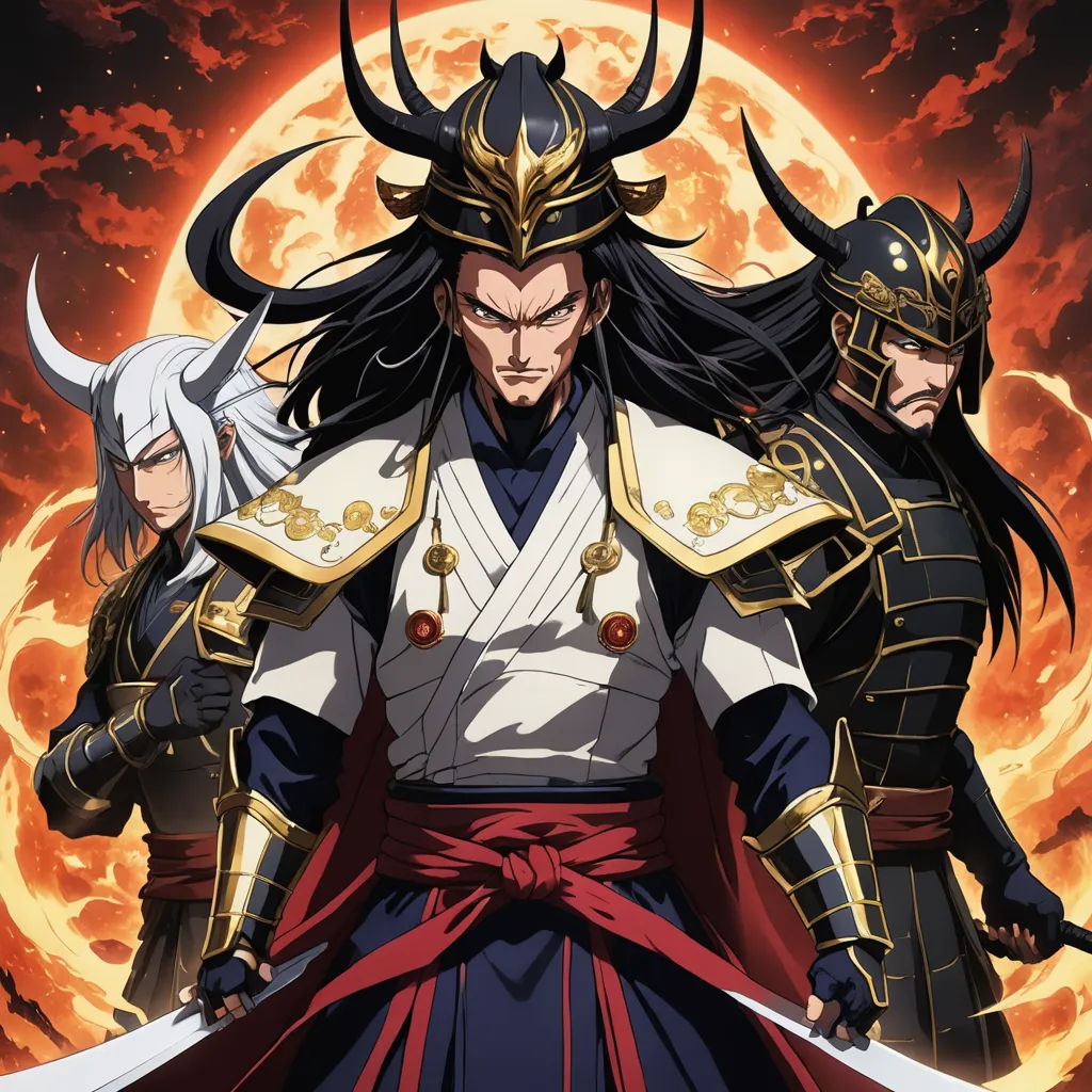 a group of people standing next to each other in front of a full moon and a red moon behind them, dau-al-set, a poster, Baiōken Eishun, anime key visual