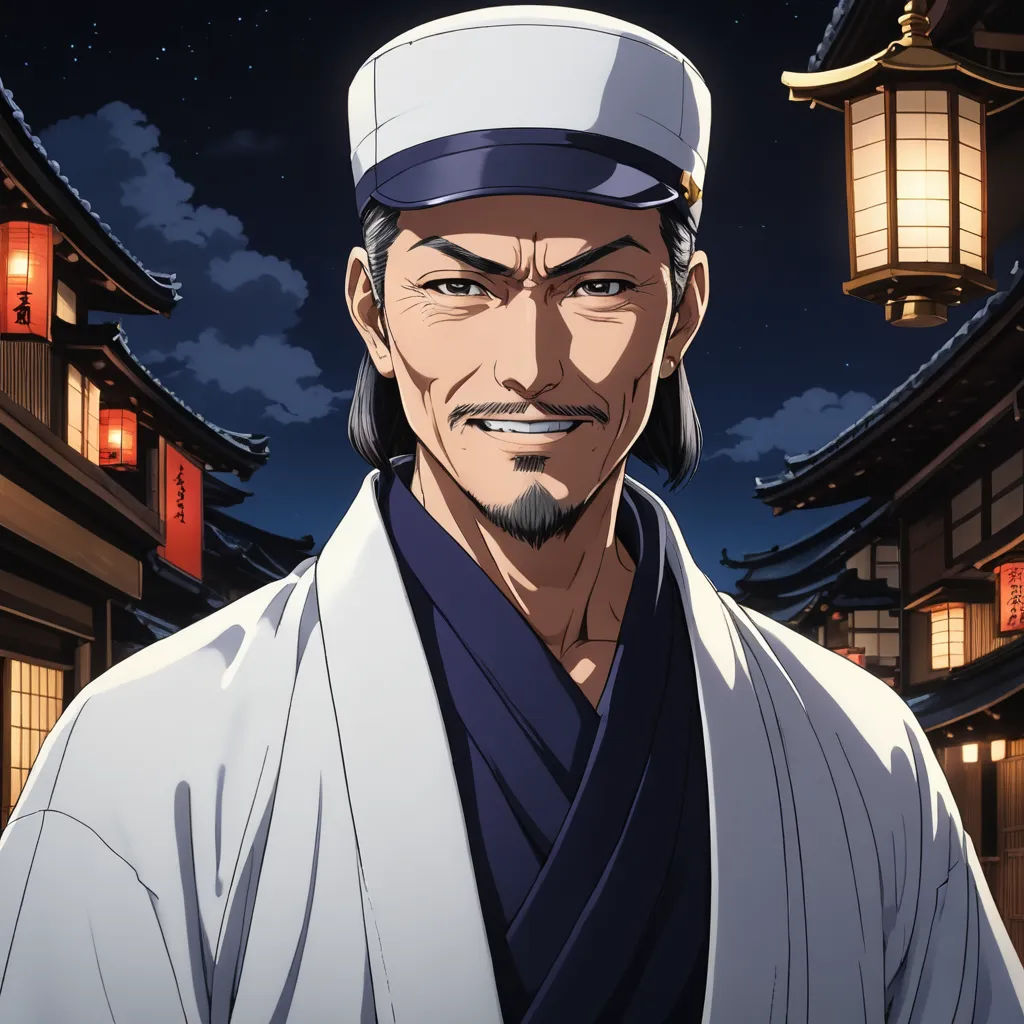 a man in a white hat and a white robe and a building with lights on it and a sky background, rayonism, a character portrait, Eizan Kikukawa, official art