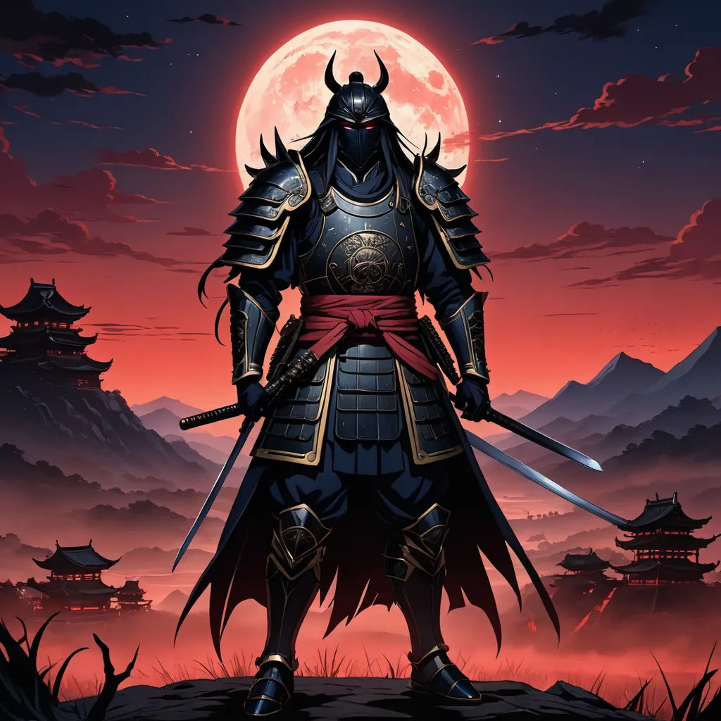 a man in a full armor standing in front of a full moon with two swords in his hand and a red sky behind him, fantasy art, concept art, Dan Mumford, highly detailed digital painting