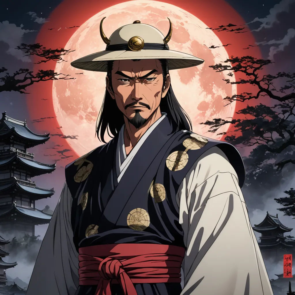 a man in a hat and robe standing in front of a full moon and trees with a full moon behind him, dau-al-set, a character portrait, Du Jin, official art