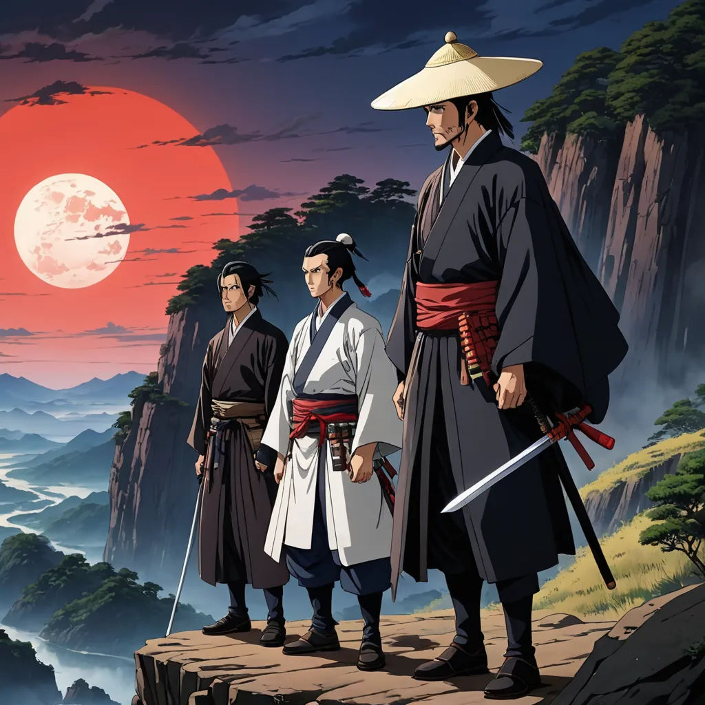 three asian men standing on a cliff with a full moon in the background and a mountain in the foreground, ukiyo-e, a poster, Baiōken Eishun, official art