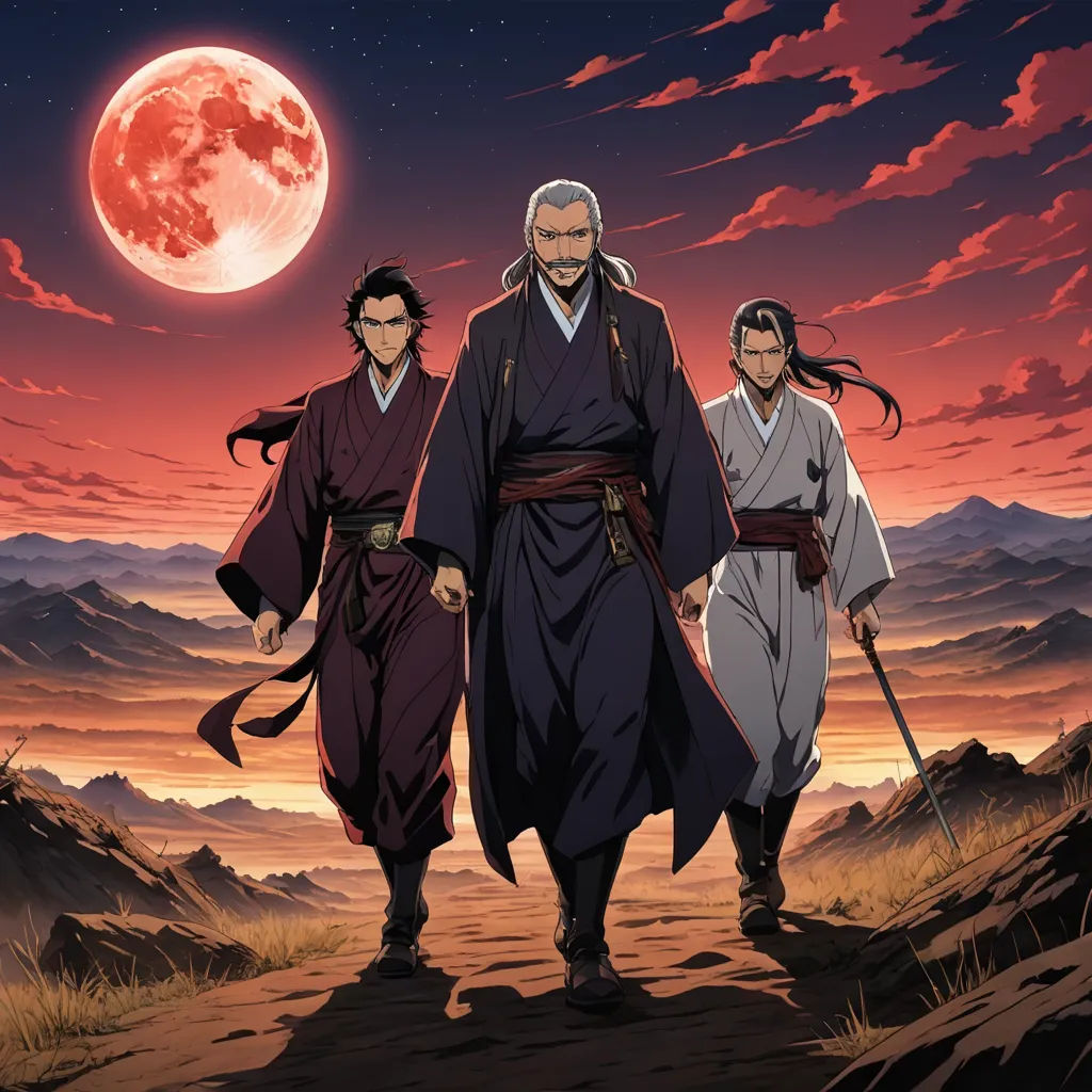 three asian men walking on a desert at night with a full moon in the background and a red sky, ukiyo-e, poster art, Baiōken Eishun, official art