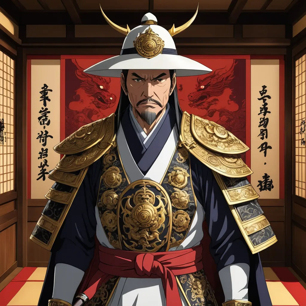 a man in a japanese costume standing in a room with a red carpet and oriental writing on the walls, dau-al-set, a character portrait, Emperor Huizong of Song, official art