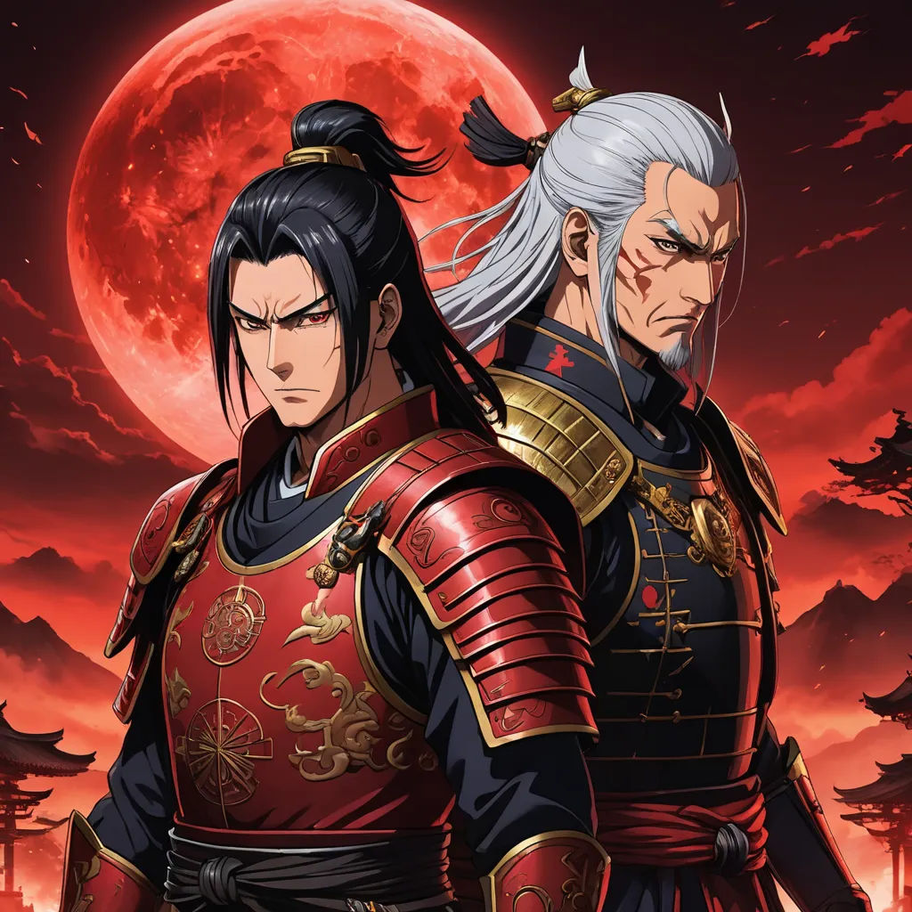 two men in armor standing in front of a full moon and red sky with a full moon behind them, ukiyo-e, poster art, Baiōken Eishun, official art