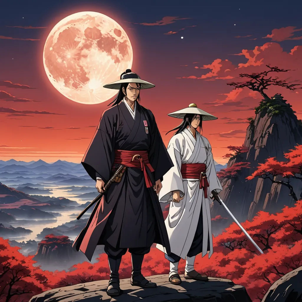 two people in traditional japanese clothing standing on a hill with a full moon in the background and a red sky, ukiyo-e, poster art, Baiōken Eishun, official art