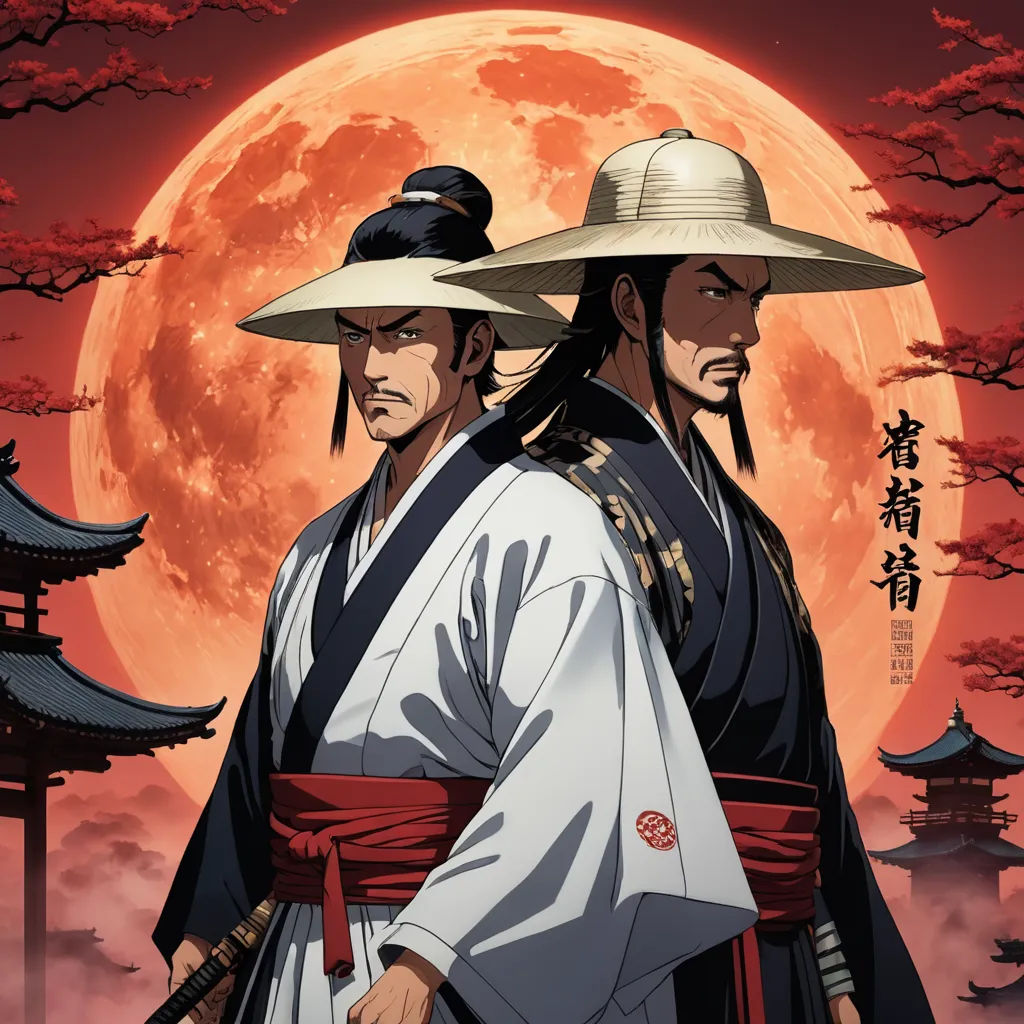 two asian men in traditional clothing standing in front of a full moon with a full moon in the background, ukiyo-e, poster art, Baiōken Eishun, official art