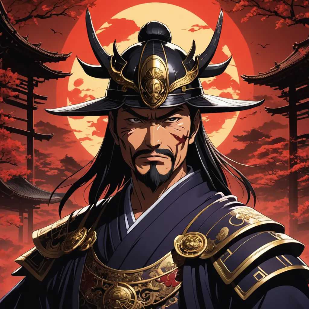 a man in a samurai outfit with a full moon in the background and a red sky behind him, with a full moon in the background, dau-al-set, a character portrait, Emperor Huizong of Song, official art