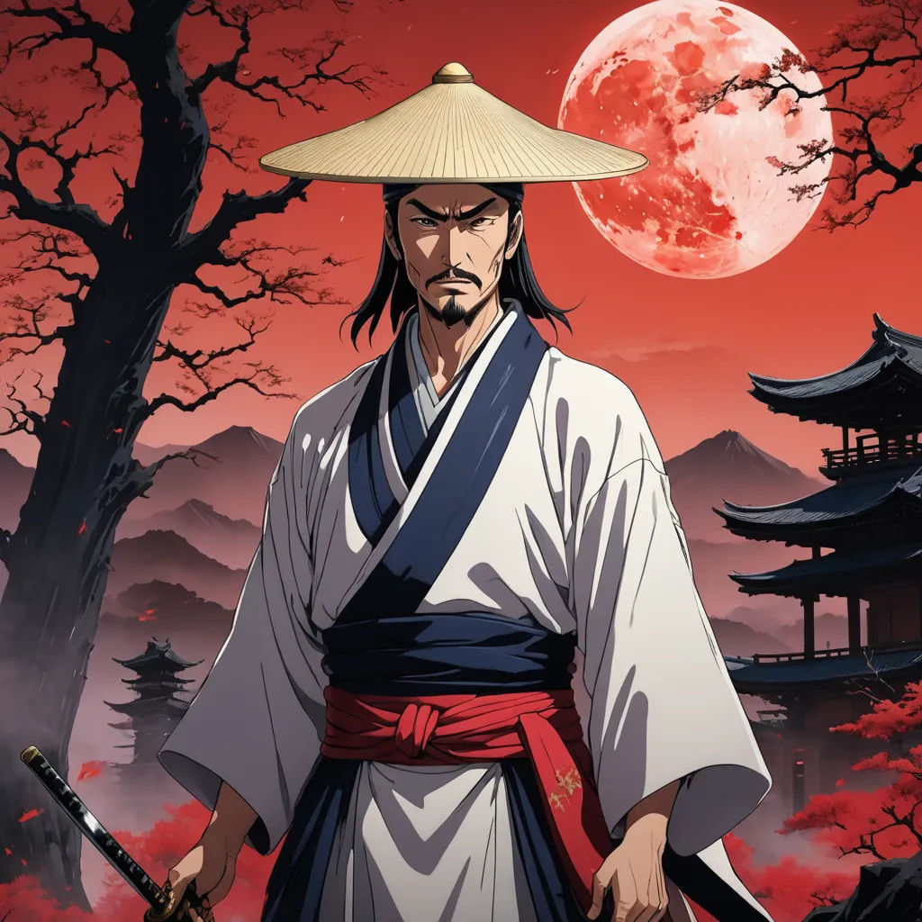 a man in a kimono holding a sword in front of a full moon and trees with red leaves, ukiyo-e, a character portrait, Baiōken Eishun, official art
