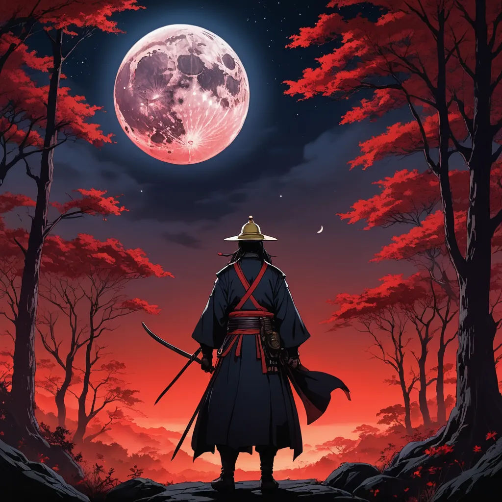 a man in a red and black outfit standing in front of a full moon and trees with a red sky, fantasy art, poster art, Dan Mumford, anime art