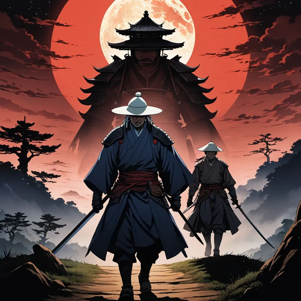 a man in a hat and a man in a kimono walking towards a full moon with a pagoda in the background, dau-al-set, poster art, Baiōken Eishun, comic cover art