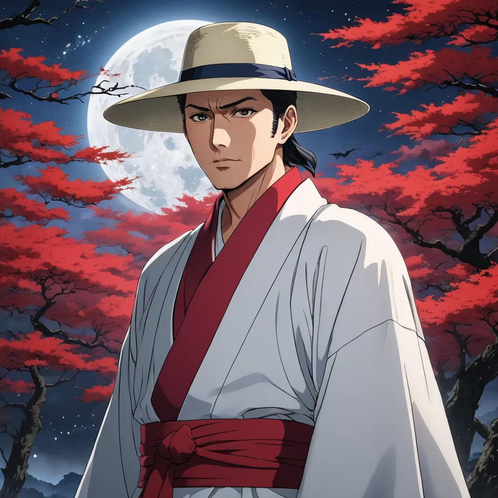 a man in a hat and kimono standing in front of a full moon and trees with red leaves, ukiyo-e, a character portrait, Baiōken Eishun, official art