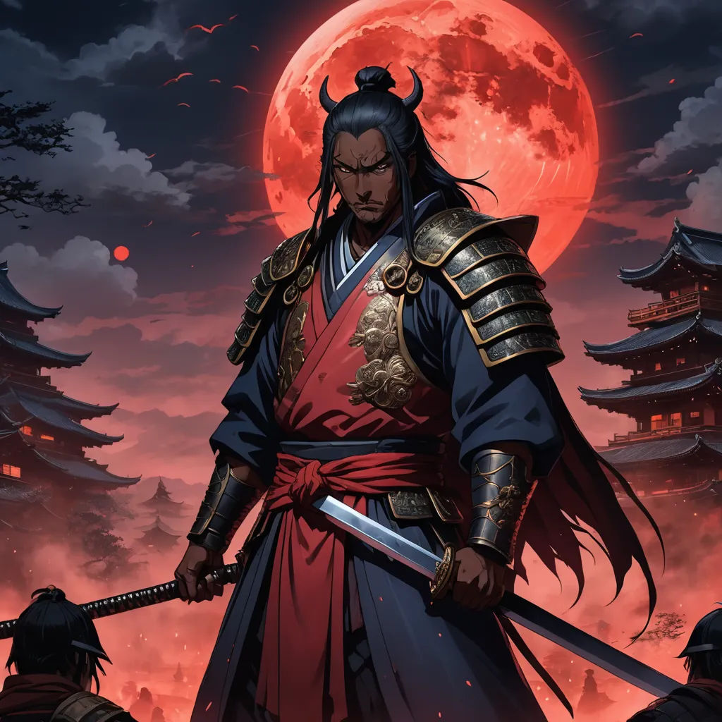 a man in a costume holding a sword in front of a full moon and pagodas in the background, sots art, concept art, Baiōken Eishun, official art