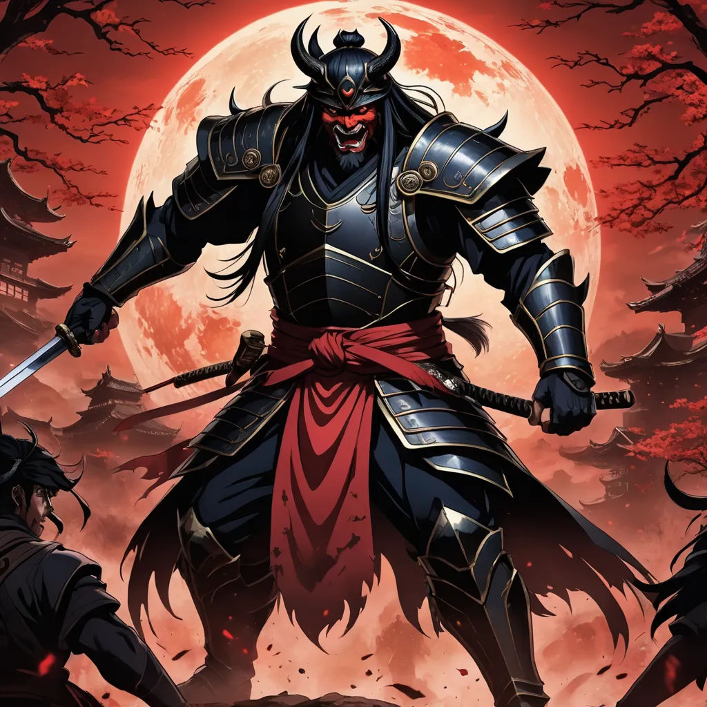 a man in a black and red outfit holding a sword in front of a full moon and trees with red leaves, fantasy art, concept art, Baiōken Eishun, league of legends concept art