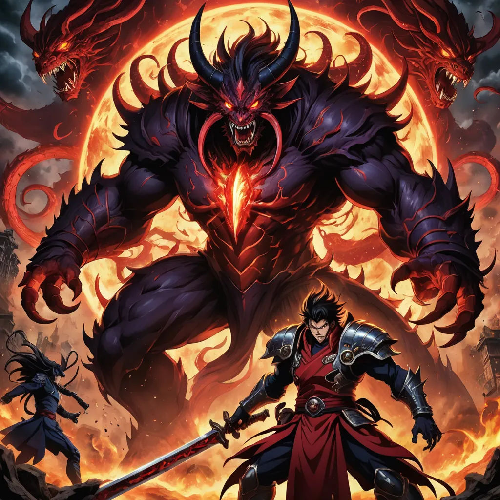 a demonic demon with a sword in front of a demon with a demon's head and a demon's tail, fantasy art, a comic book panel, Anne Stokes, comic cover art