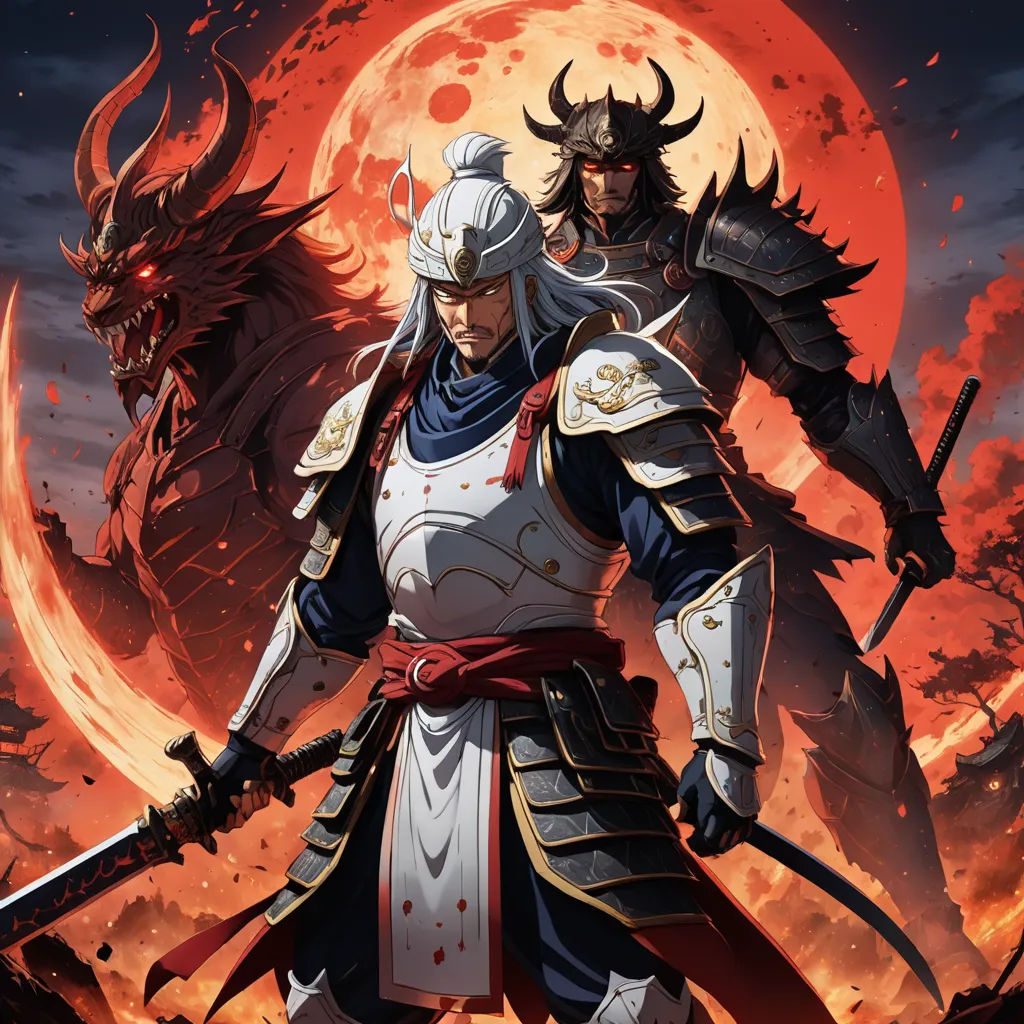 two men in armor standing next to each other in front of a full moon and a demon with horns, fantasy art, poster art, Baiōken Eishun, official art