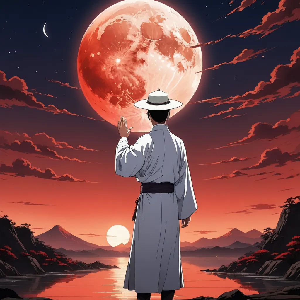 a man in a hat is looking at the moon and the water below him with a red moon in the sky, space art, poster art, Choi Buk, official art