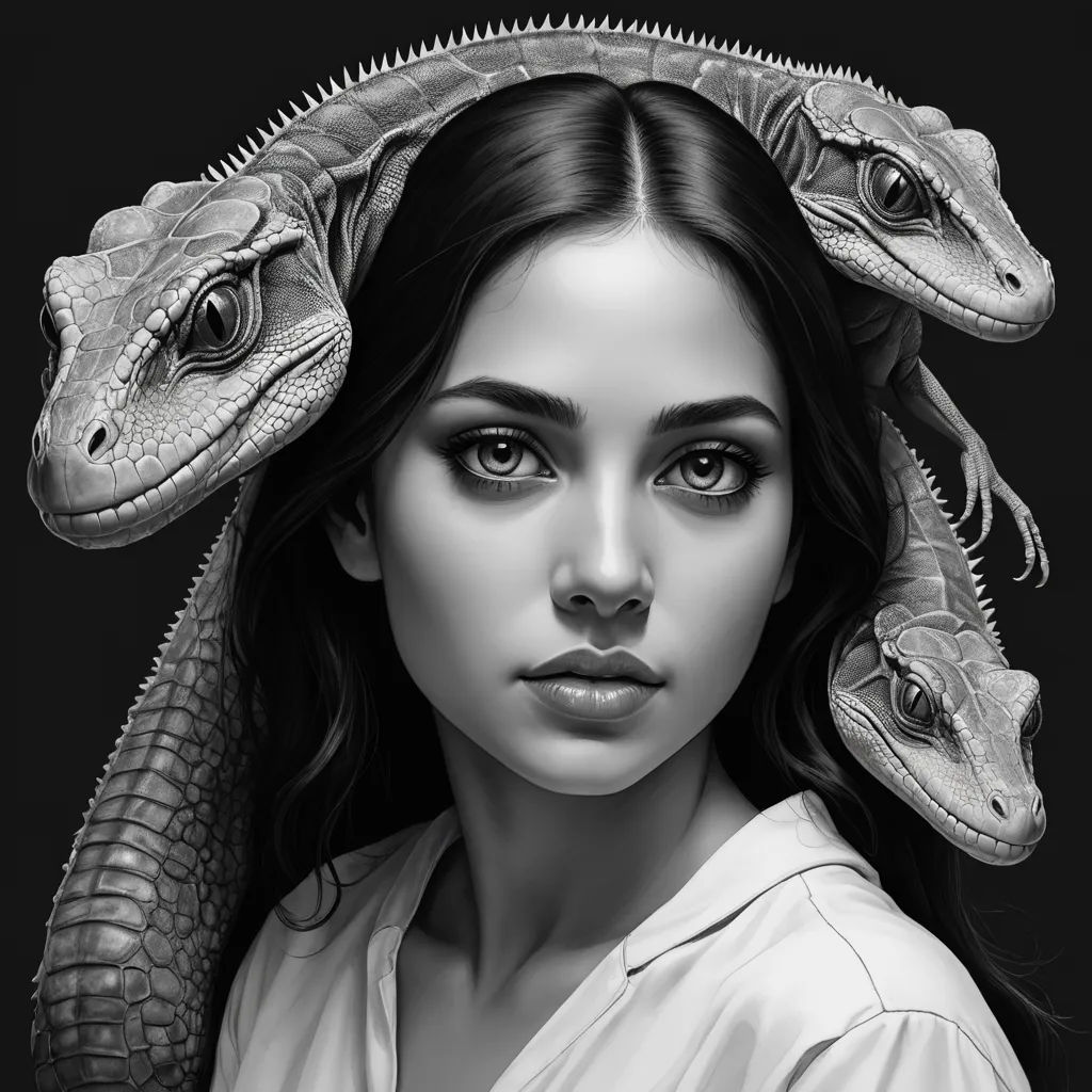 a woman with two lizards on her head and a snake on her head, in black and white,, digital art, a digital painting, Brad Kunkle, highly detailed digital painting