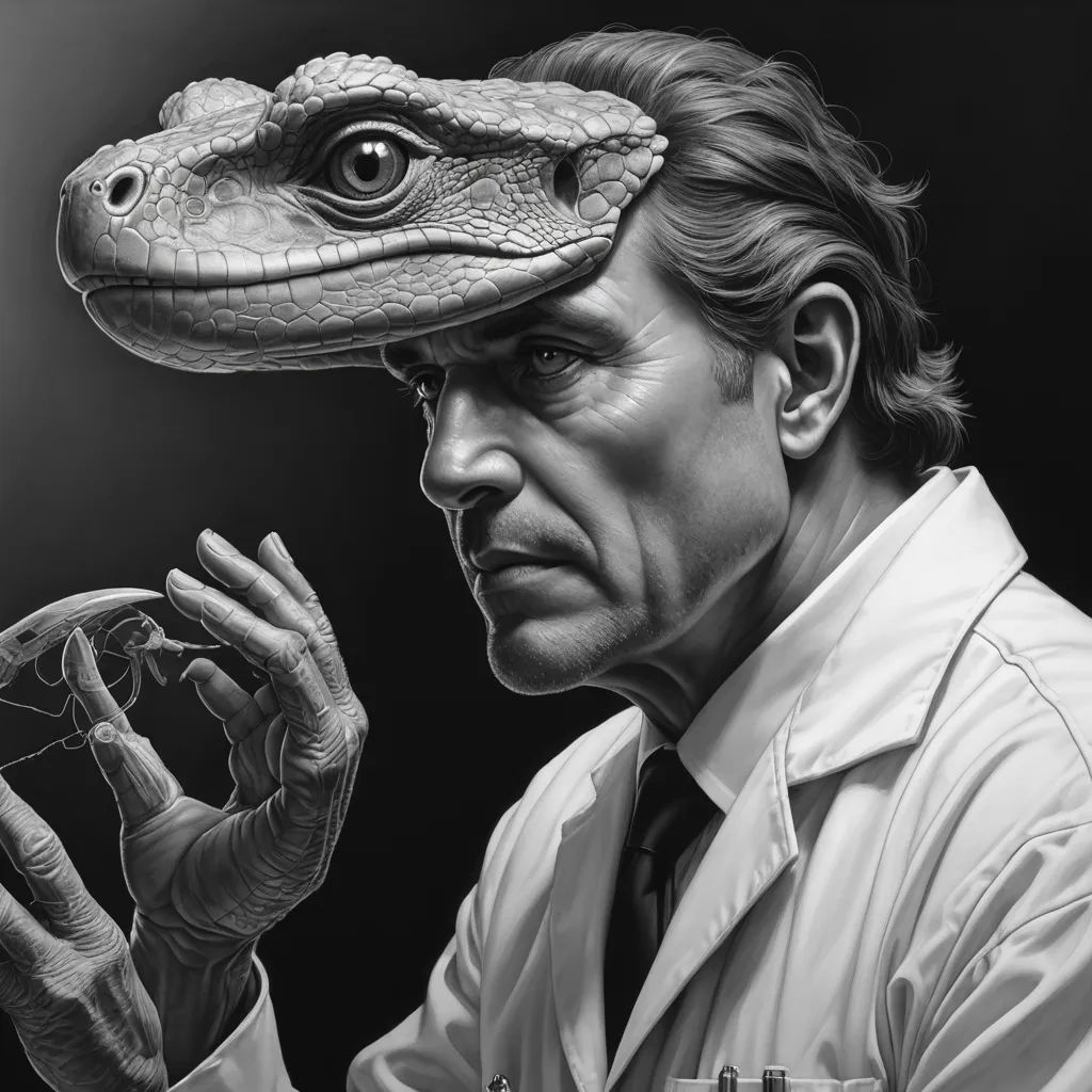 a man holding a lizard head in front of his face with a wheel in his hand and a snake on his head, naturalism, an ultrafine detailed painting, Adam Rex, highly detailed digital painting