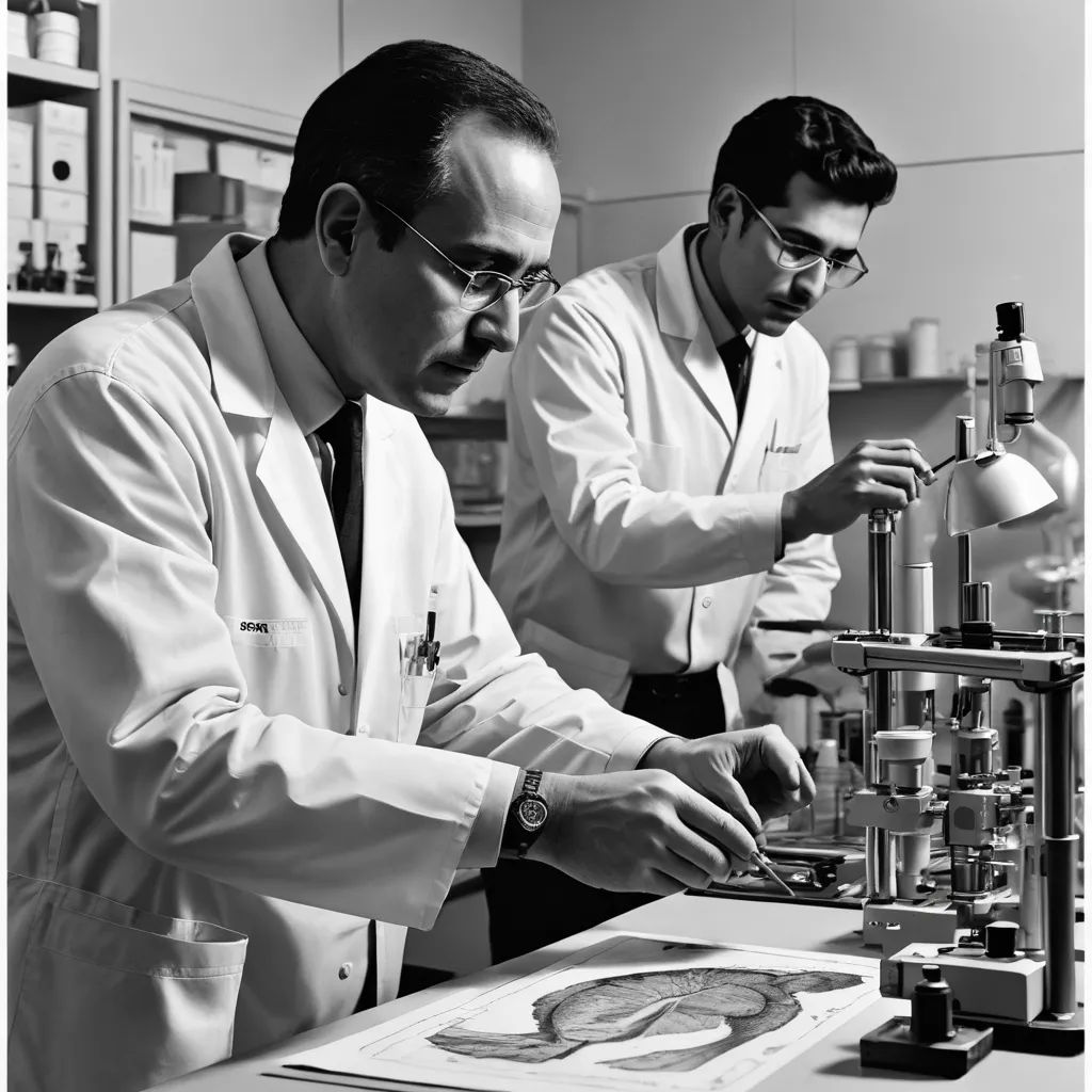 two men in lab coats working on a piece of art in a laboratory area with a microscope and a microscope, neoplasticism, a black and white photo, Ahmed Karahisari, 1 9 6 0 s