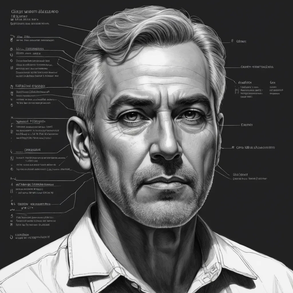 a drawing of a man's face with the words above it and the words below it in english, photorealism, an ultrafine detailed painting, Anthony Palumbo, detailed portrait